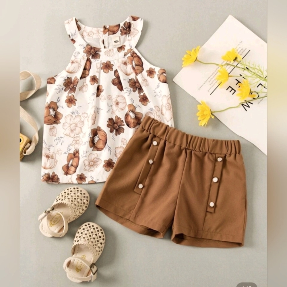 Boho Floral Summer Outfit Set | Sleeveless Top & Brown Shorts | Size 5/6